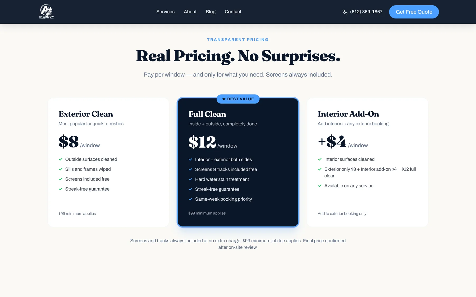 A+ Window Cleaning: Transparent pricing